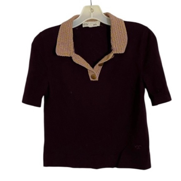 Tory Burch Polo Top Crochet Collar in Burgundy Merino Wool Size Small - Picture 4 of 9